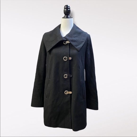 MICHAEL KORSWomen’s Wool Blend Black Peacoat with Sliver Clasps